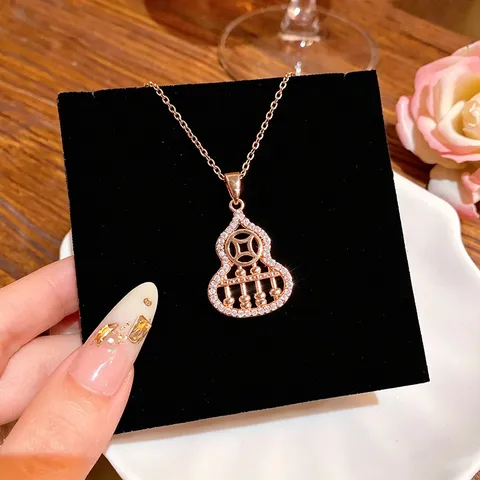 Fashion Rose Gold Stainless Steel Abacus Gourd Pendant Necklace Elegant Rhinestone Clavicle Chain Personalized Jewelry Gift For Women Daily
