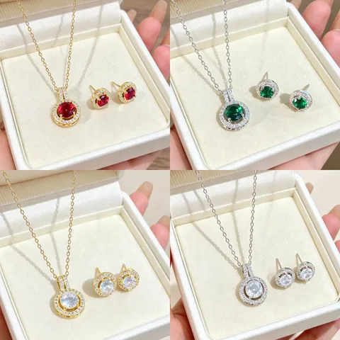 Edelstahl Kupfer Vergoldet Zirkonia Schmuckset Rund Anhänger Halskette Ohrstecker Elegant Pave Schlüsselbein Kette Schmuck Für Damen