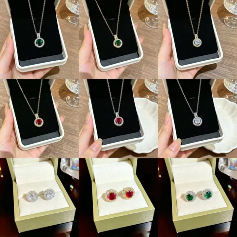 Edelstahl Kupfer Vergoldet Zirkonia Schmuckset Rund Anhänger Halskette Ohrstecker Elegant Pave Schlüsselbein Kette Schmuck Für Damen