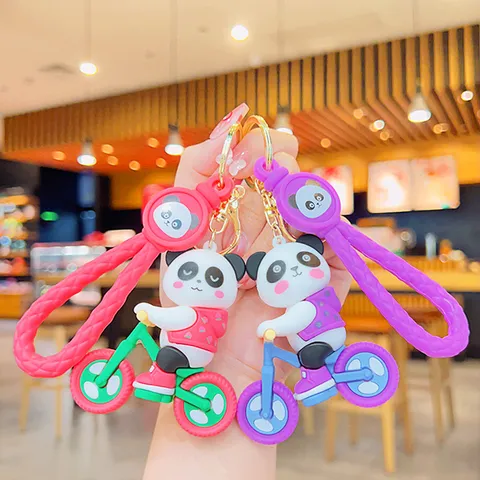 Cute Cartoon Cycling Panda PVC Keychain Pendant With Braided Strap Alloy Clasp School Bag Key Ring Decoration Accessory Gift