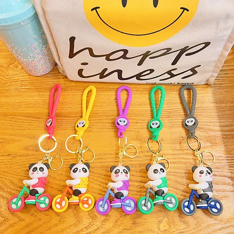 Cute Cartoon Cycling Panda PVC Keychain Pendant With Braided Strap Alloy Clasp School Bag Key Ring Decoration Accessory Gift