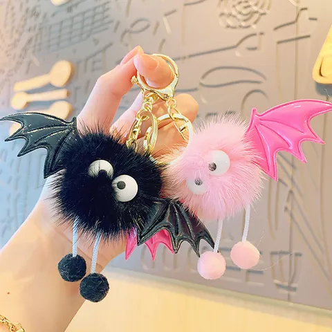 Cute Plush Little Devil Keychain Cartoon Bat Wings Pom Pom Ball Bag Pendant Schoolbag Charm Fluffy Car Key Ring Accessory Gift For Friend Women Men