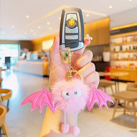 Cute Plush Little Devil Keychain Cartoon Bat Wings Pom Pom Ball Bag Pendant Schoolbag Charm Fluffy Car Key Ring Accessory Gift For Friend Women Men