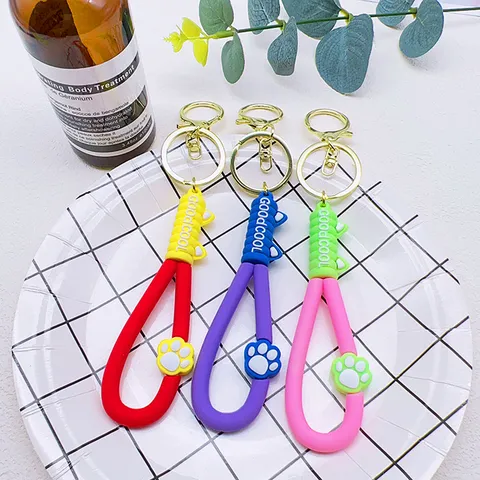 Cartoon Kattenpoot PVC Gevlochten Touw Sleutelhanger Schattig Dier Patroon Metalen Ring Hanger Voor Vrouwen Meisjes Tas Decoratie