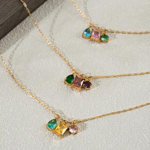 18K Gold Plated Stainless Steel Necklace For Women Geometric Multicolor Zirconia Teardrop Pendant Water Resistant Daily Jewelry