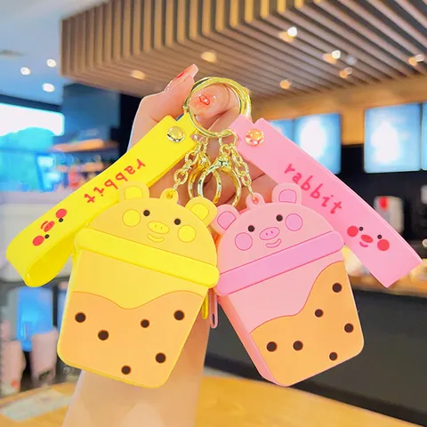 Schattig Melk Thee Varken Siliconen Portemonnee Sleutelhanger Mini Oortelefoon Opbergtas Cartoon Dier Cadeau