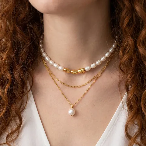Titanstahl 18K Vergoldet Geschichtet Süßwasserperlen Halskette Armband Set Für Damen Modeschmuck Nicht Anlaufen
