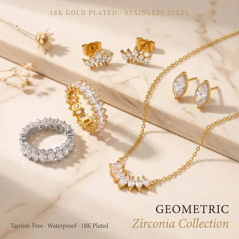 18K Vergoldetes Edelstahl Geometrisches Marquise Zirkonia Halskette Ohrringe Ring Set Für Damen Trendiger Schmuck Geschenk