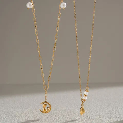 Fashion Titanium Steel Freshwater Pearl Necklace Gold Plated Heart Shell Moon Cat Pendant Necklace For Women Versatile Daily Commute Jewelry Gift