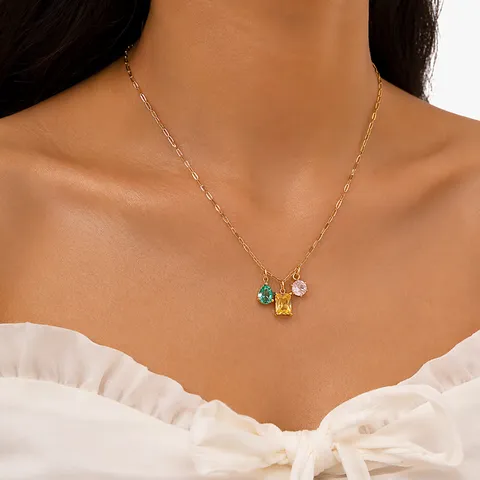 18K Gold Plated Stainless Steel Necklace For Women Geometric Multicolor Zirconia Teardrop Pendant Water Resistant Daily Jewelry