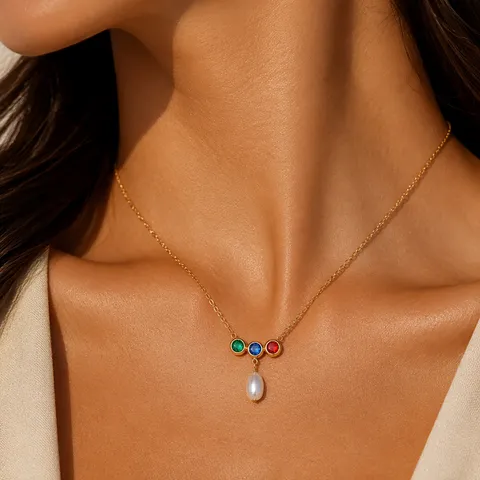 Edelstahl Vergoldete Halskette Für Damen Dreifarbiger Strass Süßwasserperlen Anhänger Schlüsselbein Kette Schmuck