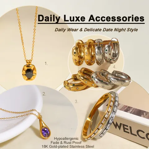 Light Luxury Stainless Steel Rhinestone Jewelry Set Eight-pointed Star Hoop Earrings Colorful Crystal Bracelet Necklace Accessories