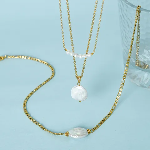 Vintage Titanstahl Süßwasserperle Zweischichtige Halskette Vergoldet 18K PVD Wasserdicht Damen Schmuck Kette Halskette Geschenk