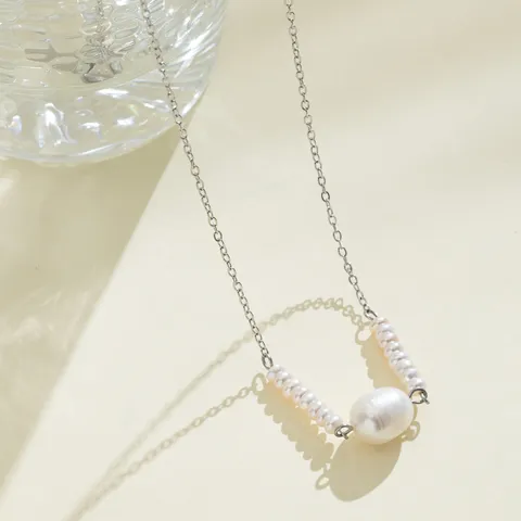 Elegant Stainless Steel Freshwater Pearl Necklace Classic Fashion Water Resistant Hypoallergenic Clavicle Chain Jewelry For Women