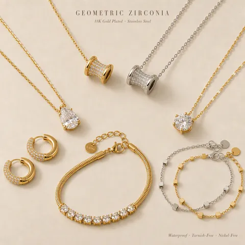 Western Style Stainless Steel Rhinestone Geometric Pendant Necklace Hoop Earrings Snake Chain Bracelet Set For Women Men Hip Hop Jewelry
