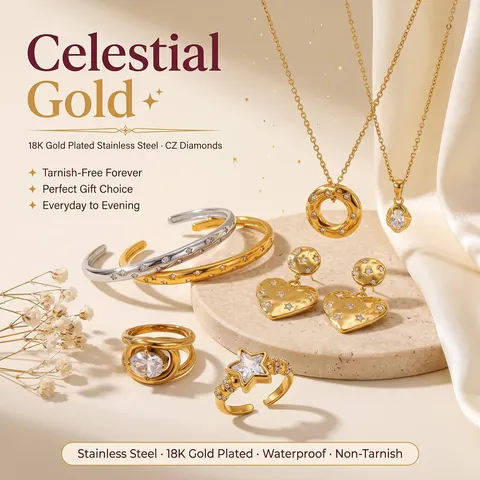 Lussuoso Set Gioielli in Acciaio al Titanio Strass per Donna Oro Argento Stella Cuore Ciondolo Collana Bracciale Anello Aperto