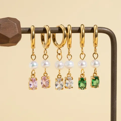 Edelstahl Creolen Mit Süßwasserperle Und Bunter Strass Anhänger 18K Vergoldet Schmuck Für Damen