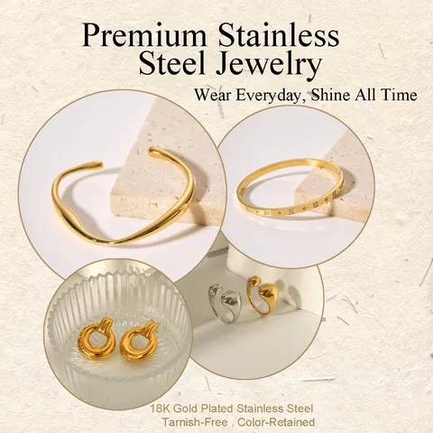 18K Vergoldet Edelstahl Schmuckset Für Damen Herren Geometrische Offene Armreif Creolen Wassertropfen Ring Modeschmuck