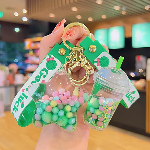 Green Quicksand Liquid Floating Keychain Bottle Acrylic Creative Key Ring Bag Pendant Good Luck Ribbon Gift For Women Kids