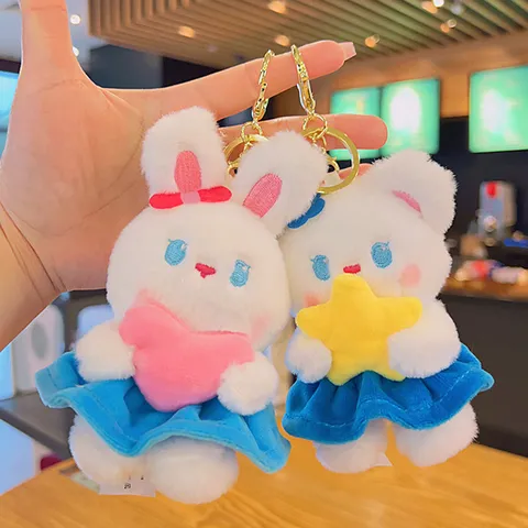 Lindo Llavero de Oso de Peluche de Dibujos Animados Con Colgante de Estrella Corazón Vestido Azul Muñeca de Animal Relleno Accesorios de Bolso