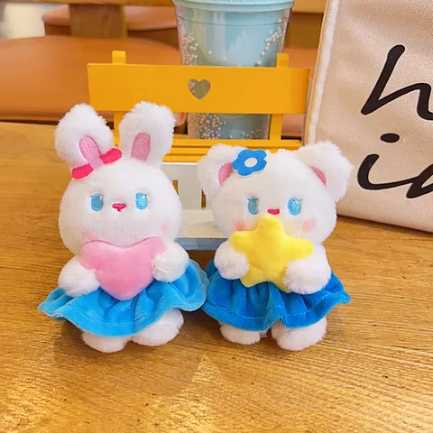 Lindo Llavero de Oso de Peluche de Dibujos Animados Con Colgante de Estrella Corazón Vestido Azul Muñeca de Animal Relleno Accesorios de Bolso