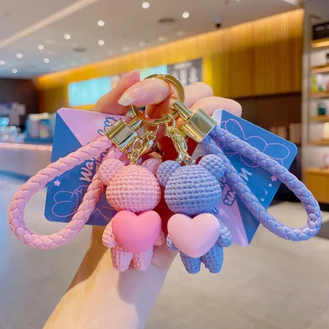 Cute Woven Texture Resin Heart Bear Keychain For Women Girl Bag Pendant Braided Strap Car Keyring Cartoon Animal Doll Ornament Gift
