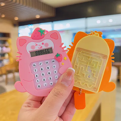 Cute Fruit Lucky Cat Mini Calculator Keychain Portable Student Schoolbag Pendant Cartoon Maze Toy Calculator Keyring Gift