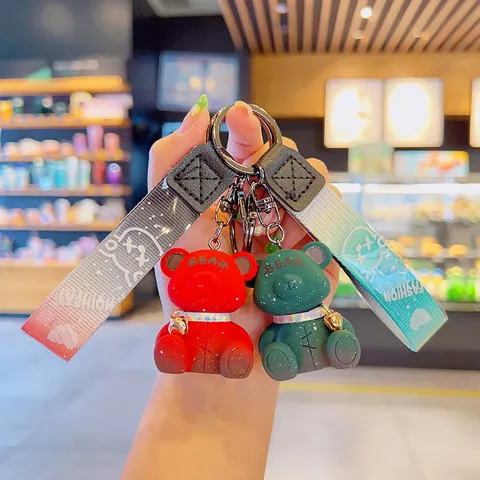 Cute Cartoon Bear Keychain With Bell Gradient Strap Creative Resin Bear Car Backpack Pendant Charm Keyring For Couples Friend Gift Bag Accessary