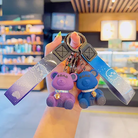Cute Cartoon Bear Keychain With Bell Gradient Strap Creative Resin Bear Car Backpack Pendant Charm Keyring For Couples Friend Gift Bag Accessary