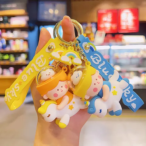 Cute Cartoon Unicorn Cloud Keychain Pendant Kawaii 3D Doll Keychain With Silicone Strap For Women Girls Bag Car Keys Decoration