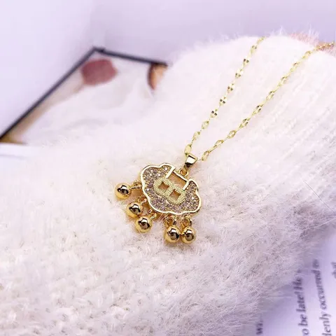 Titanium Staal Goud Slot Hanger Ketting Voor Vrouwen Strass Geluk Bel Kwastje Ketting Lichte Luxe Sieraden In Chinese Stijl