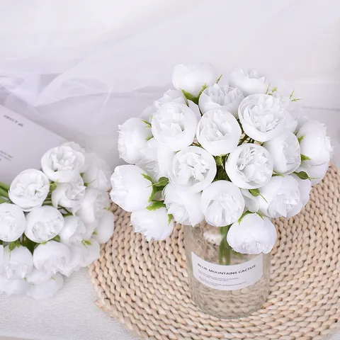 Ramo de Flores Artificiales de Peonía y Rosa Flores de Seda Con Encuadernación de Rafia Para Decoración de Mesa de Hogar Oficina Boda Fiesta