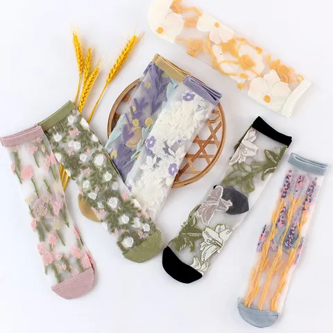 Women Casual Sheer Mesh Crew Socks Floral Embroidery Polyester Breathable Lightweight Comfortable Fashion Socks