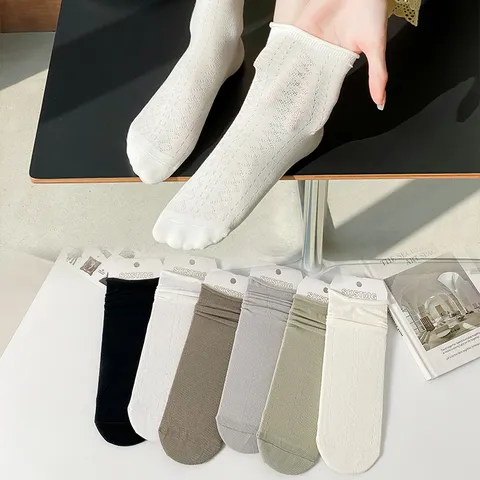 Women's Japanese Style Solid Color Hollow Out Roll Edge Mid Tube Socks Cotton Breathable Casual Daily Cute Socks