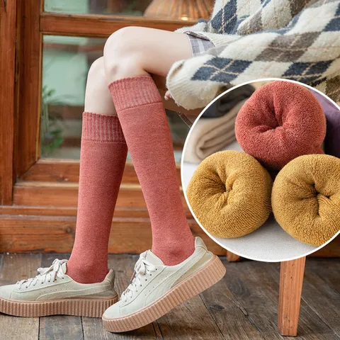 Women Winter Thickened Terry Cotton Calf Socks Japanese Style Solid Color Warm Casual Tube Socks Female Hosiery