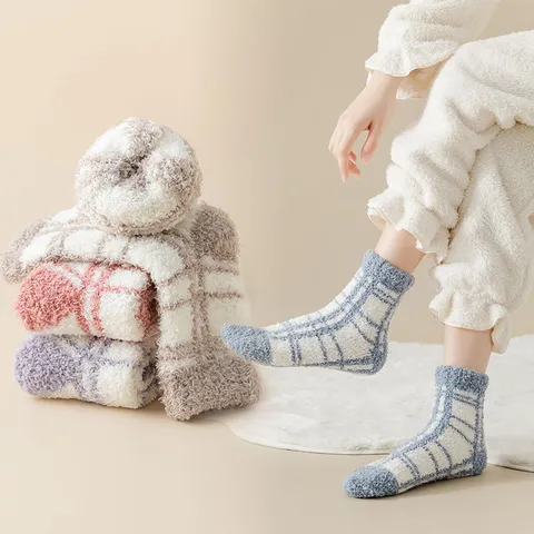 Women Winter Thickened Coral Fleece Floor Socks Plaid Warm Cozy Hosiery Ladies Sweet Home Indoor Sleeping Socks