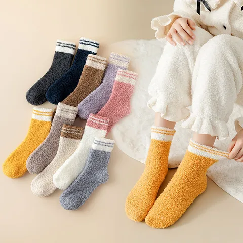 Women Winter Warm Coral Fleece Striped Mid Calf Socks Thickened Soft Cozy Floor Sleeping Socks Sweet Home Socks