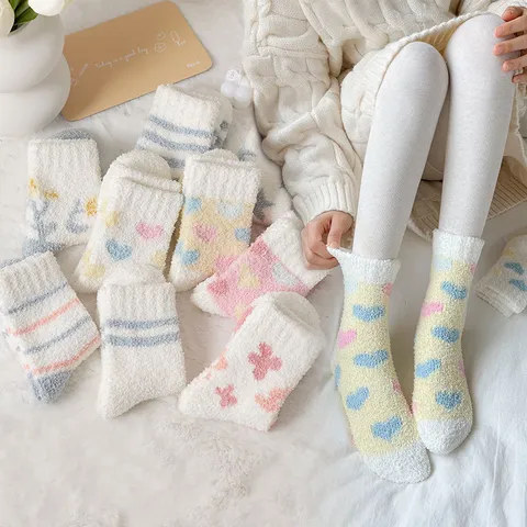 Women Winter Warm Coral Fleece Floor Socks Cute Cartoon Heart Stripe Floral Thickened Plush Indoor Sleep Socks