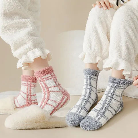 Women Winter Thickened Coral Fleece Floor Socks Plaid Warm Cozy Hosiery Ladies Sweet Home Indoor Sleeping Socks