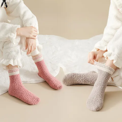 Women Winter Warm Coral Fleece Striped Mid Calf Socks Thickened Soft Cozy Floor Sleeping Socks Sweet Home Socks