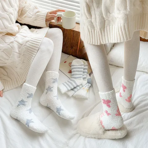 Women Winter Warm Coral Fleece Floor Socks Cute Cartoon Heart Stripe Floral Thickened Plush Indoor Sleep Socks