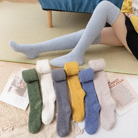 Women's Winter Thickened Coral Fleece Over Knee High Socks Solid Color Warm Sleep Thermal Long Stockings