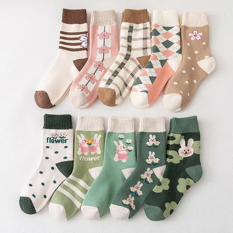 Women Winter Thermal Terry Cotton Socks Cute Rabbit Floral Polka Dot Print Mid Tube Casual Sport Cozy Socks