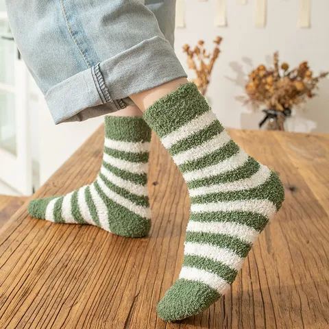 Women Coral Fleece Thickened Warm Striped Mid Tube Socks Winter Soft Cozy Sleep Floor Socks Casual Hosiery