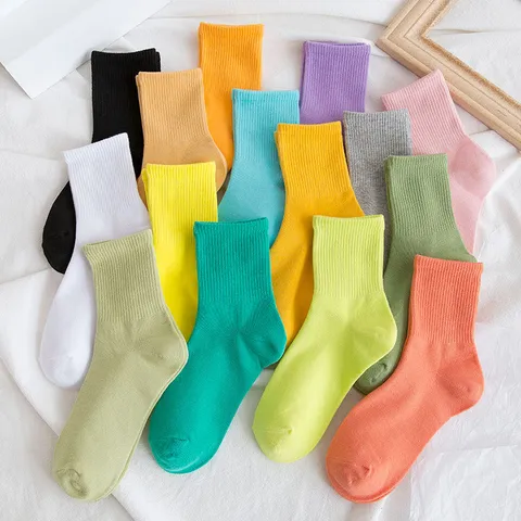 Women's Casual Cotton Crew Socks Solid Color Ribbed Comfortable Breathable Daily Wear Mid Tube Socks Fashion Hosiery