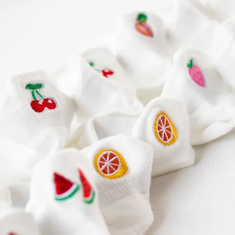 Women Summer Cotton Boat Socks Cute Cartoon Fruit Embroidery Casual Low Cut Short Socks Lolita Style Daily Footwear
