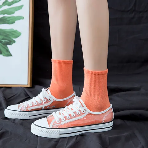 Women's Casual Cotton Crew Socks Solid Color Ribbed Comfortable Breathable Daily Wear Mid Tube Socks Fashion Hosiery