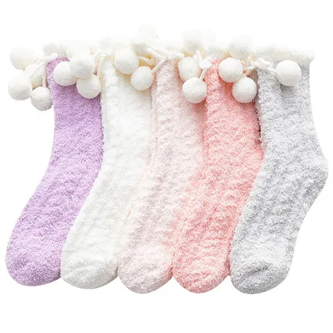 Damen Korallenfleece Wadenhohe Socken Süße Handgemachte Pom Bow Herbst Winter Dicke Warme Einfarbige Gemütliche Weiche Schlafsocken