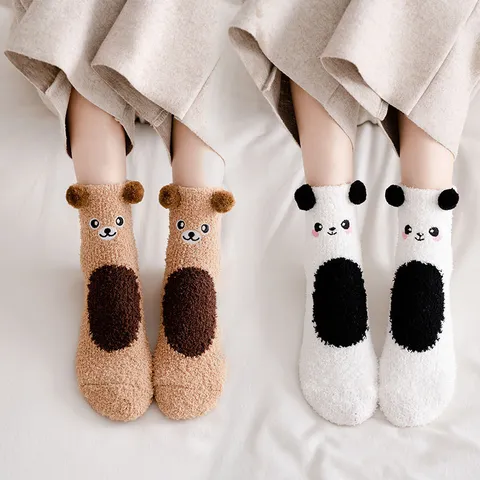 Women Winter Thickened Coral Fleece Floor Socks Cute Cartoon Animal 3D Ear Embroidery Warm Sleep Indoor Socks