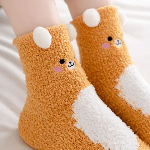 Women Winter Thickened Coral Fleece Floor Socks Cute Cartoon Animal 3D Ear Embroidery Warm Sleep Indoor Socks
